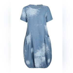 Made in Italy 100% Linen Dress with Short Sleeve, Pockets and Elasticized Hem